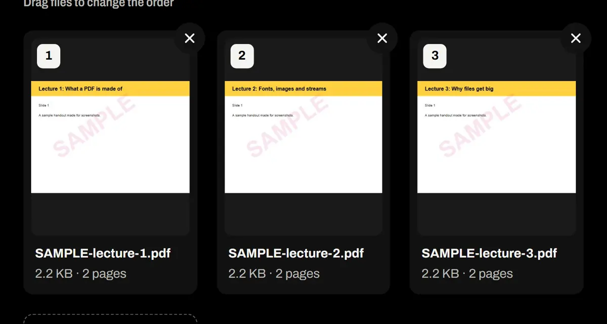 Merge PDF with three sample lecture files in order, ready to merge.