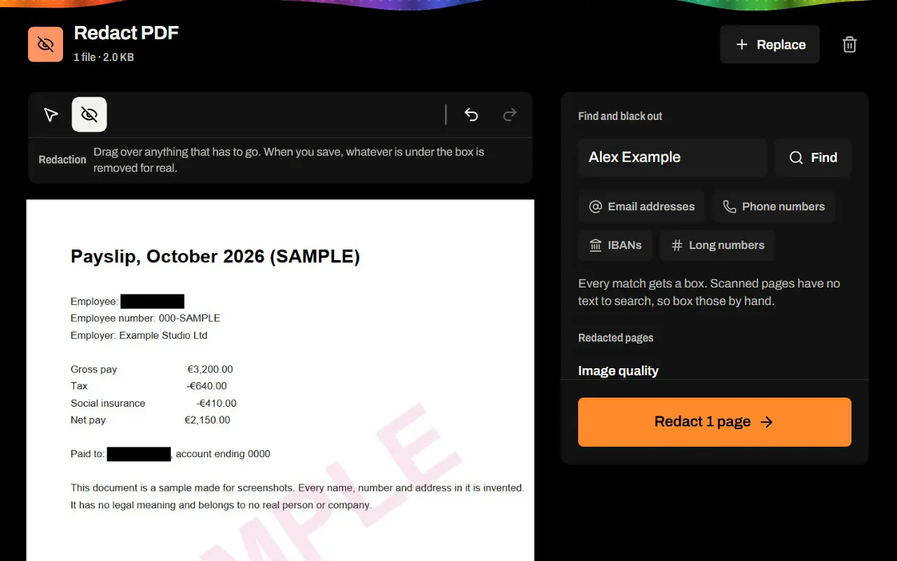 Redact PDF with a sample payslip open and the name found on the page.