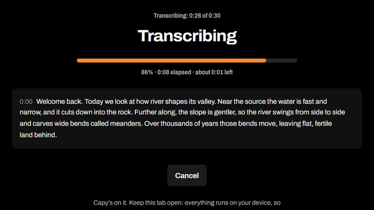 Transcribe audio writing out a sample lecture as it listens, with the progress bar part way.